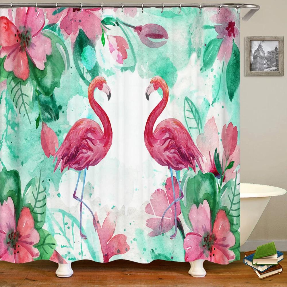Flamingo Shower Curtain 3D Printing Plants Flowers Birds Waterproof Polyester Curtain Beach Shower Curtains Bathroom Home Decor