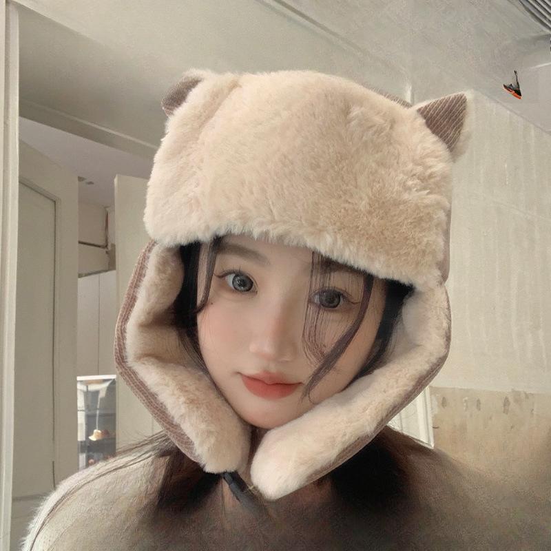 Korejská verze podzimní a zimní sametové zesílené cyklistické teplé bavlněné čepice roztomilá všestranná větruodolná čepice s ochranou uší Lei Feng čepice pro ženy