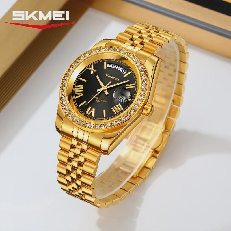 Mens Analog Quartz Watch Diamond Encrusted Bezel Day & Date Display Waterproof Stainless Steel Band