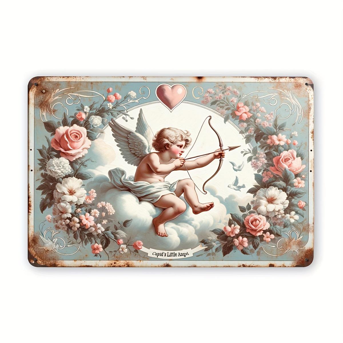 

HD Tin Sign Cupids Little Angel Vintage Floral Cherub Metal Poster Retro Wall Art for Valentines Day Home Decor 20x30cm（7.8x11.8inch）
