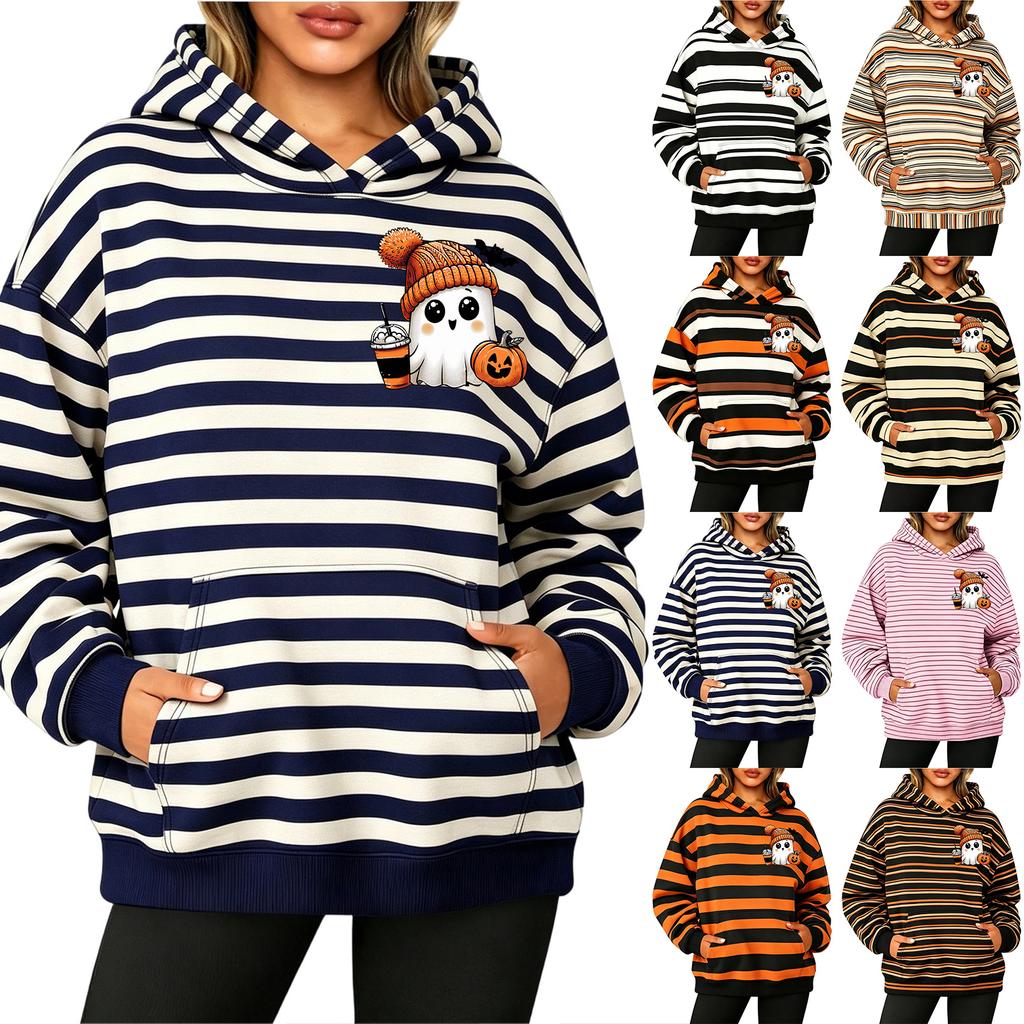 Women's Long Sleeve Striped Print Pullover Hoodie Sweatshirt with Pockets for Halloween
