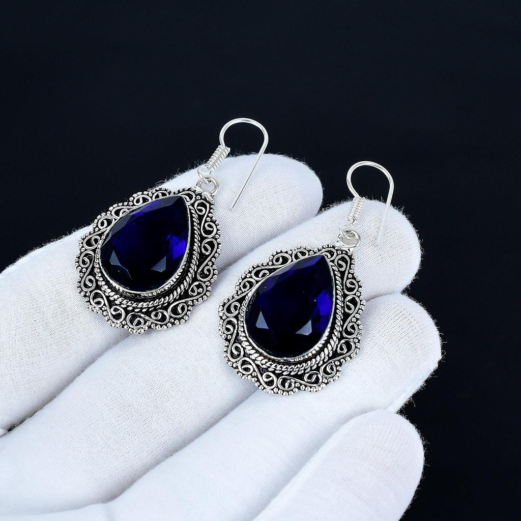 Blue Sapphire Gemstone Earrings, 925 Sterling Silver Earrings, Silver Earrings For Gift, Blue Sapphire Dangle Drop Earrings For Christmas Gifts