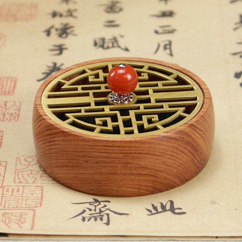 

Round Incense Burner Wood/Pure Copper Lid Hollow Pattern Vehicle-mounted Temple Household Interior Purify Air Ornament Censer