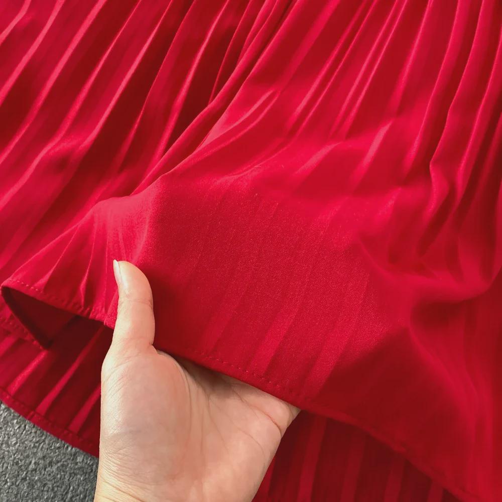 2022 Sommer V-Ausschnitt Kurzarm Schlanke Taille Plissee Midikleid