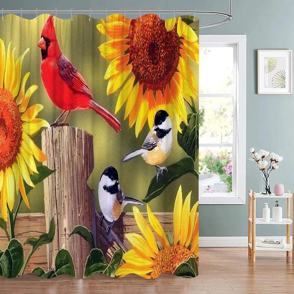 Sunflower Flower Bee Wood Grain Plant Scenery Bathroom Shower Curtain Cactus Butterfly Floral Landscape Bath Curtains With Hooks