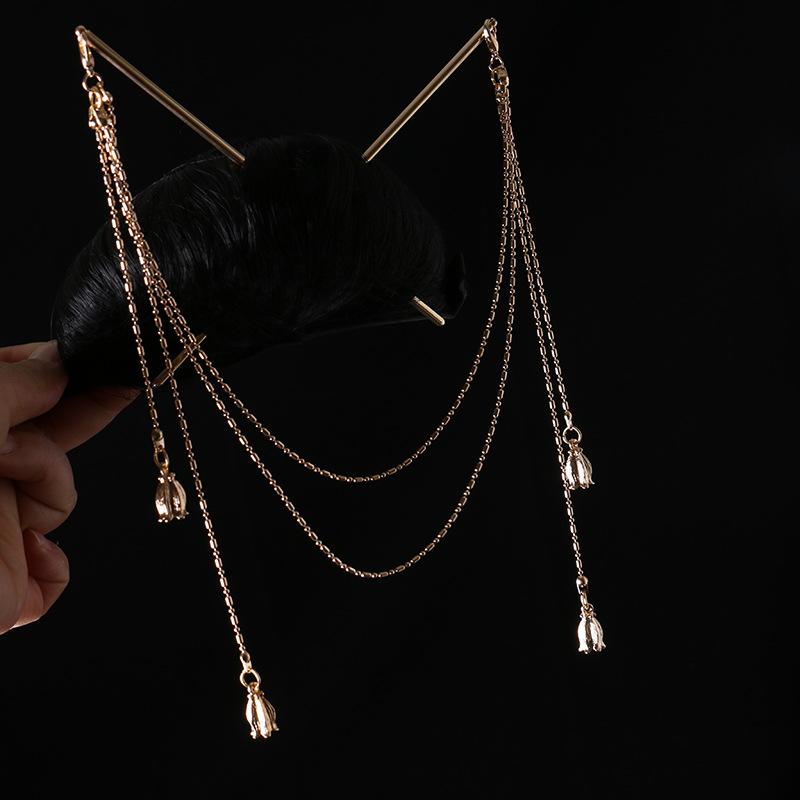Doppelketten-Haargabel Perlenquaste Haarstab Nunchaku Haarnadel Chinesischer Stil Retro Haaraccessoires für Hanfu Tiaras Ornamente
