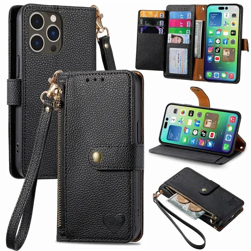 Crossbody Zipper Wallet Card Phone Case for iPhone 17 Air 16E 16 Pro Max 15 14 Plus 13 12 11 XS XR X Lanyard Leather Flip Cover