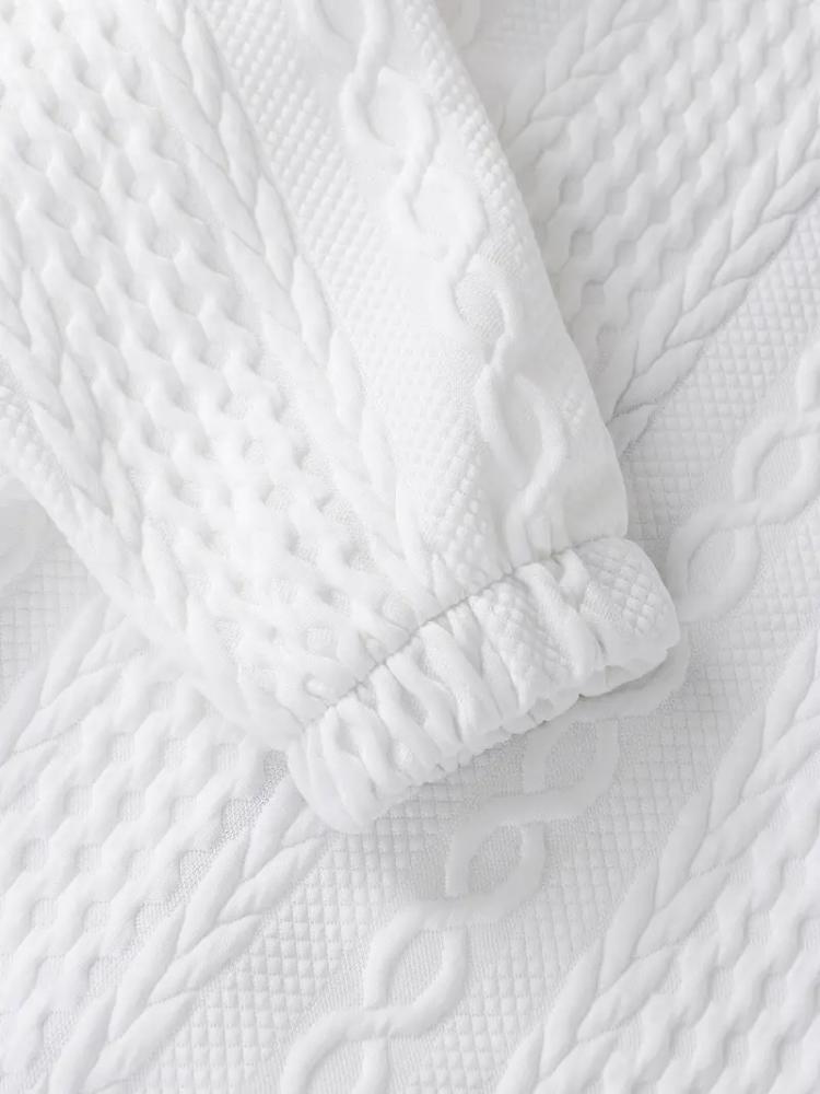 Women's Casual Hooded Sweatshirt - White Textured Pullover with Adjustable Drawstring Hood, Front Zipper & -Like Patches, Sweater Hoodie