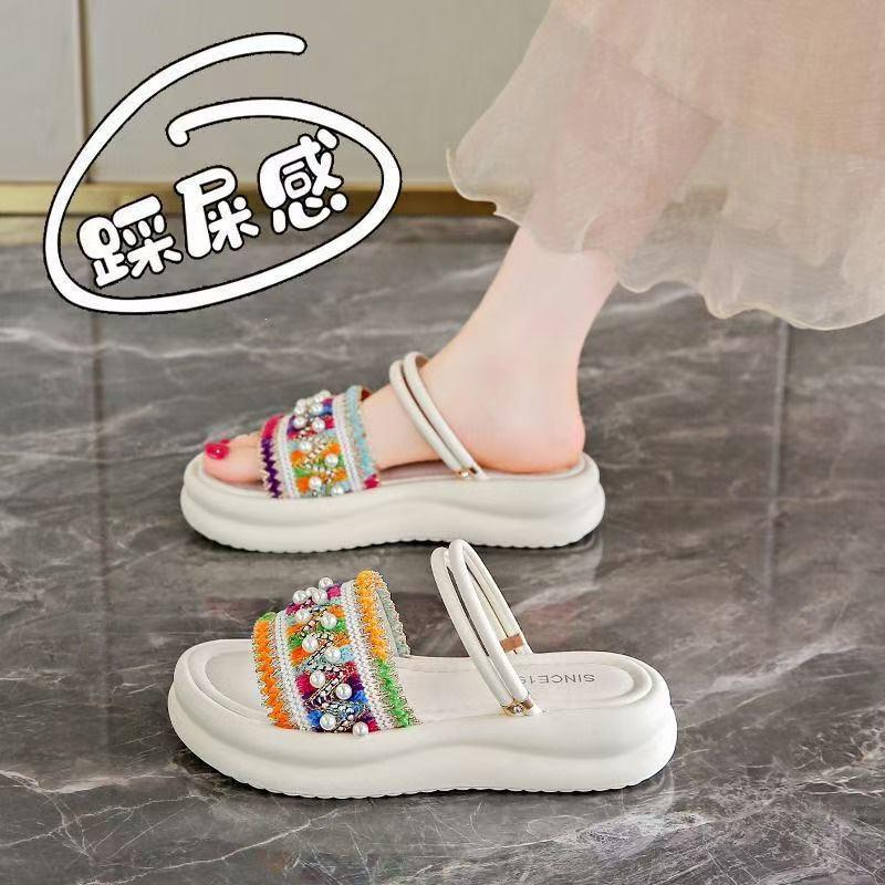 Soft Sole 2025 Slippers Pearl Outer Wear Summer Sandals Skirt New Non-slip Word Fairy Fan Thick Sole Two Wear Trendy