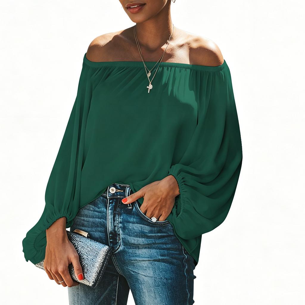 Women Off Shoulder Blouse Lantern Sleeve Long Sleeve Pullover Top Elastic Neckline Casual Shirt