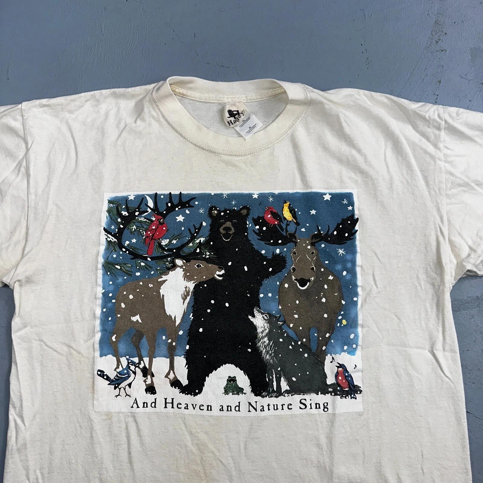 

Animals Bear Moose Deer VTG T Shirt Heaven Nature Sing Family Christmas Hatley S