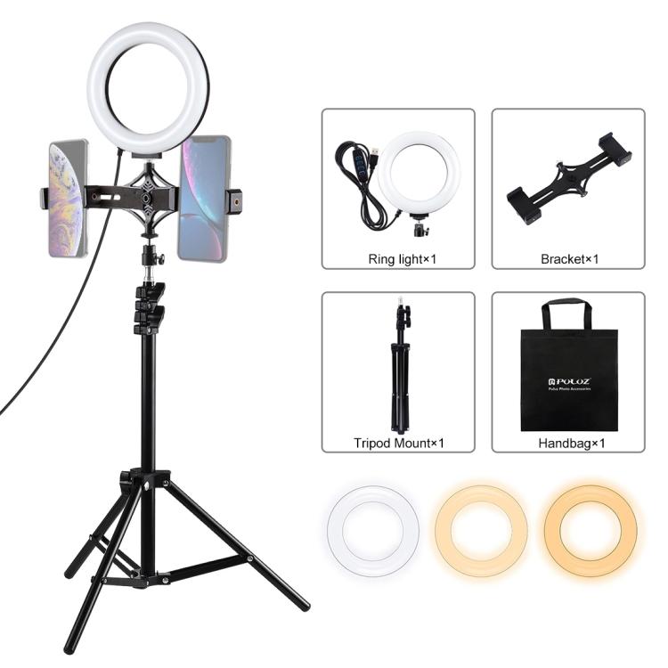 Puluz PKT3036 1.1m Tripod + Dual Phone Holder for Live Streaming + 6.2 (16cm) LED Ring Vlogging Light Kit B+PKT3036 чёрный