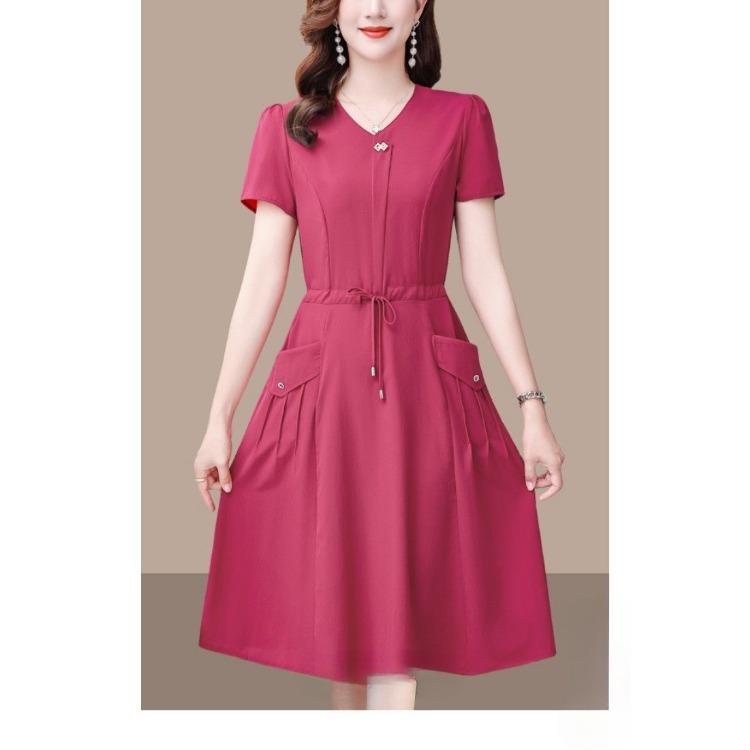 Fashion Summer Solid Color Short Sleeve Dress for Women Slim Fit Waist Cover Belly Elegant
