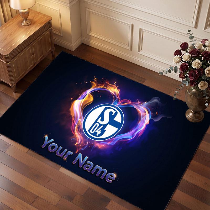Tappeto in Velluto di Cristallo Personalizzato FC Schalke 04, Stampa Testo Nome Personalizzato, Logo Calcio Morbido Antiscivolo Tappetino per Pavimento Decorazione Casa Regalo