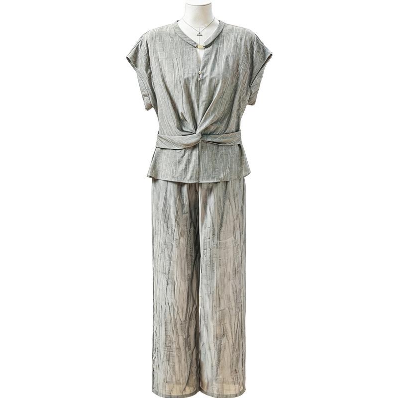 2026 Summer Slimming Two-Piece Set: Waist-Cinching Top & High-Waisted Wide-Leg Pants