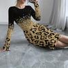 New Autumn Dress Women's Leopard Print Gradient Printed Long Sleeve Midi Dress