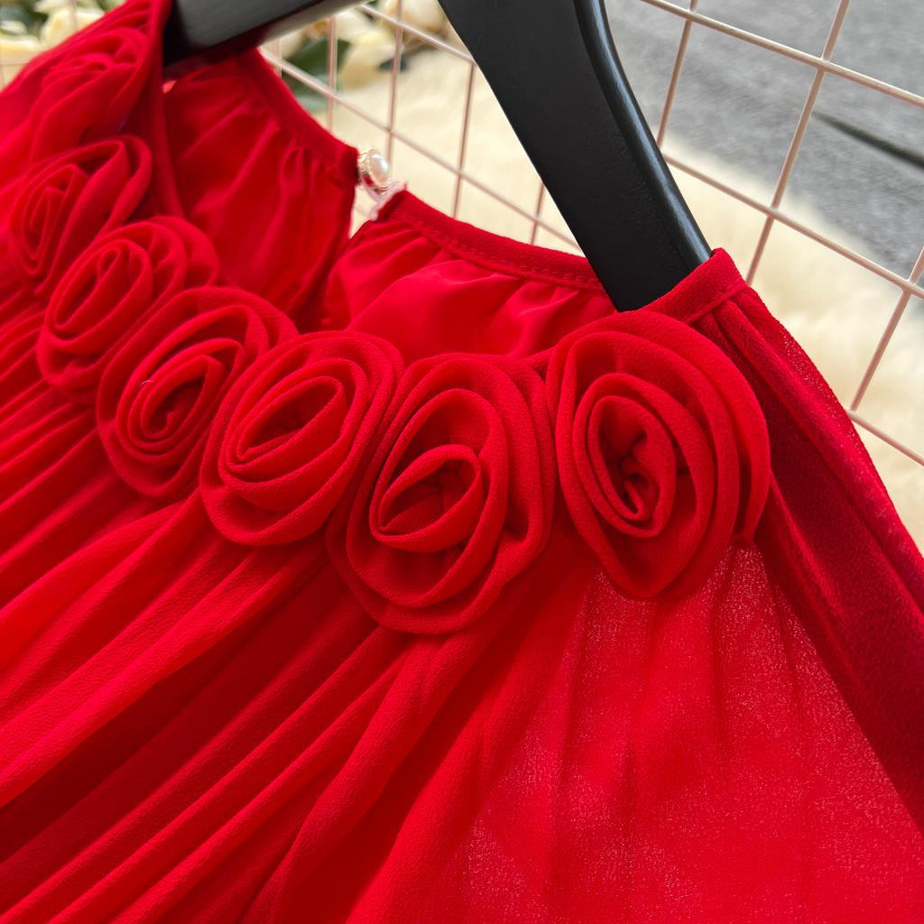 Spring Autumn Woman Dress New Flower Round Ne Seven-Quarter Sleeve Waist-Cinching Pleated Dresses for  Women Slimming Gown