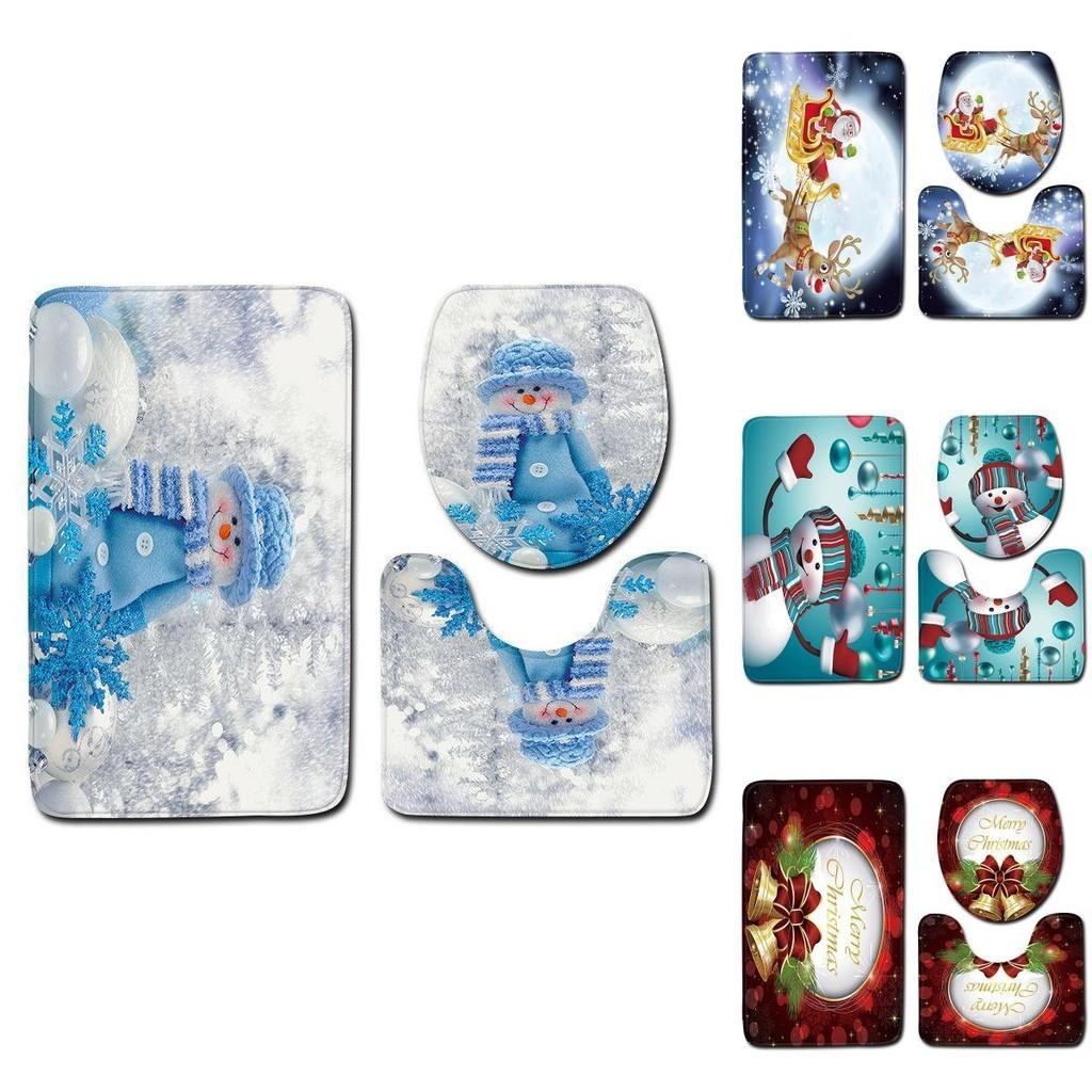 4pcs Christmas Shower Curtain And Toilet Cushion Set Cover Mat For Festive Bathroom Decor