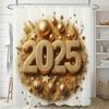 1pc Modern Minimalist Digital Print Shower Curtain with Glittery Golden "2025" Design, Polyester Fabric, Includes Hooks, Perfect