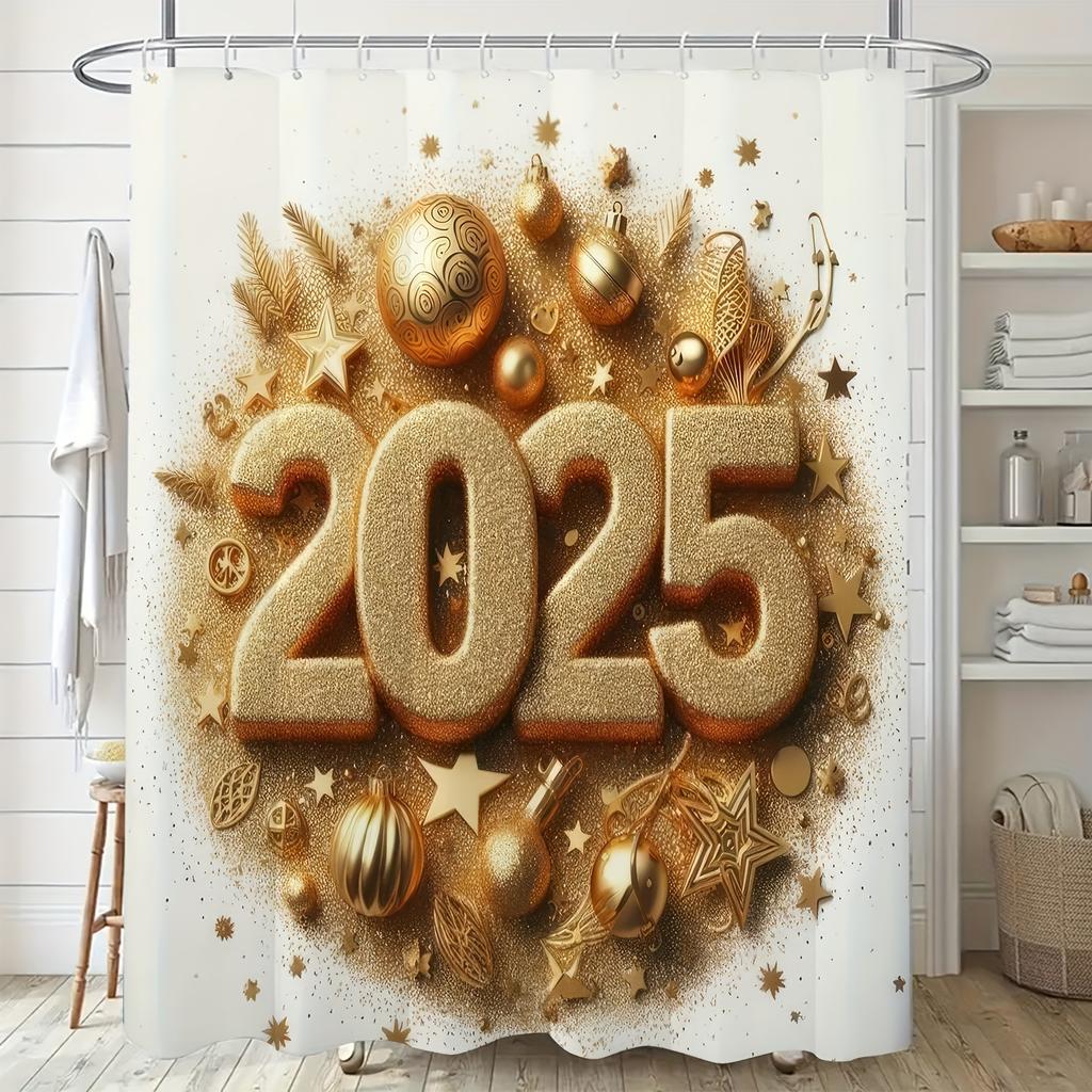 1pc Modern Minimalist Digital Print Shower Curtain with Glittery Golden "2025" Design, Polyester Fabric, Includes Hooks, Perfect