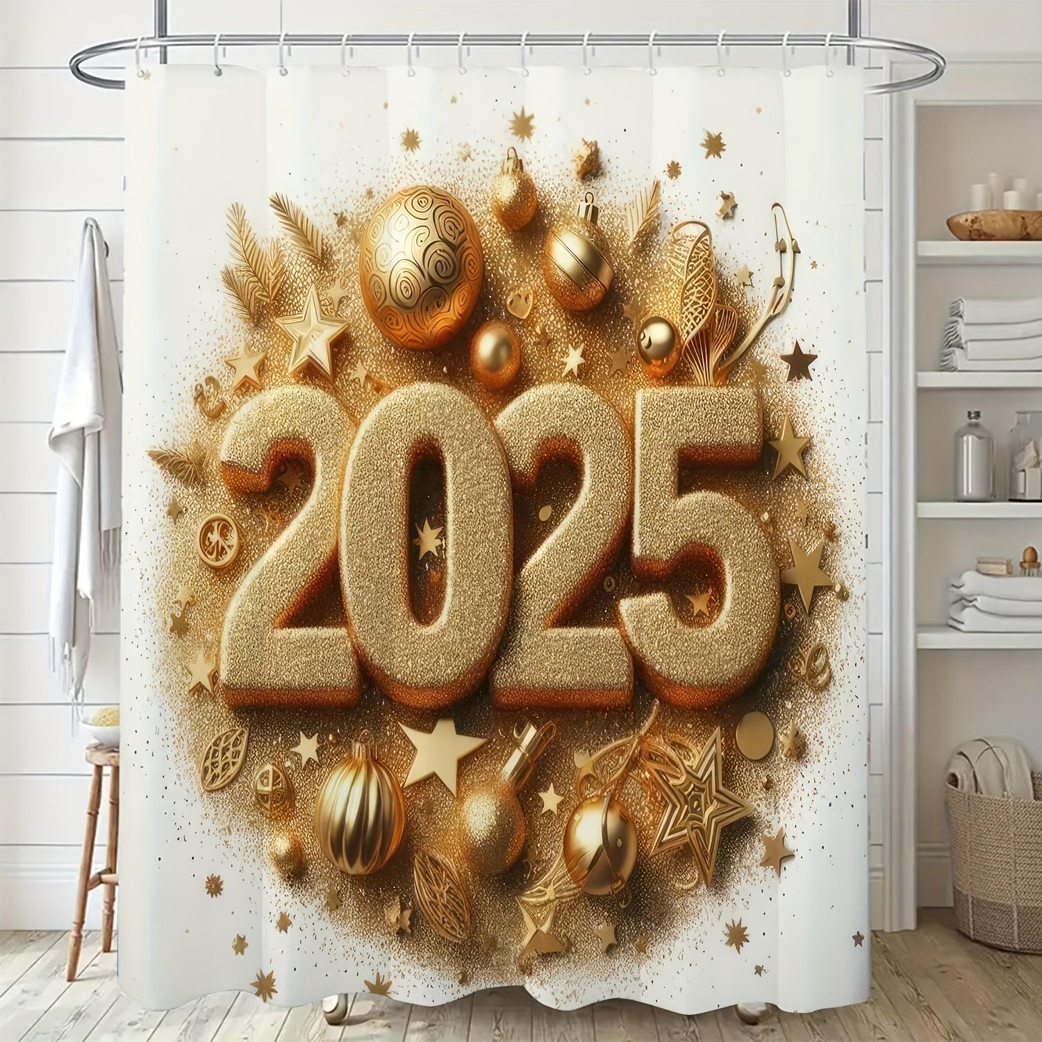 

1pc Modern Minimalist Digital Print Shower Curtain with Glittery Golden 2025 Design, Polyester Fabric, Includes Hooks, Perfect 90x180cm35x71in