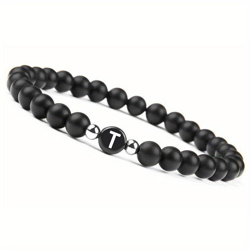 Initial Bracelet for Men and Woman Black Onyx 6mm Beads Bracelet with Letter Relationship Jewelry for Couples Alphabet bracelet
