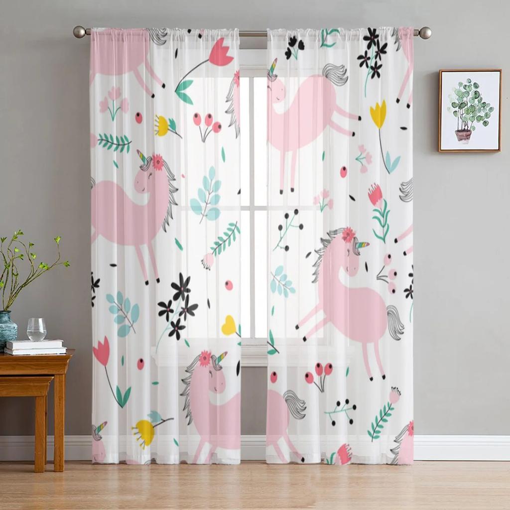 Cartoon Cute Unicorn Tulle Sheer Window Curtains For Living Room The Bedroom Modern Chiffon Voile Curtains Fabric Drapes