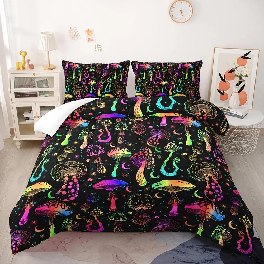 Red Mushroom Kawaii Comforter Set Twin Size Kids Bedding Botanical Plant Print Quilt for Boys Girls Adults