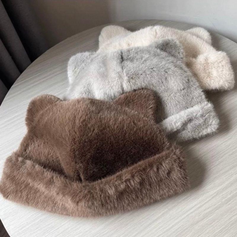 Fluffy Fur Women's Winter Hat Winter Cat Ears Snow Ski Cap Faux Fur Thick Warm Windproof Hat Russian Hat Mink Fisherman's Hat