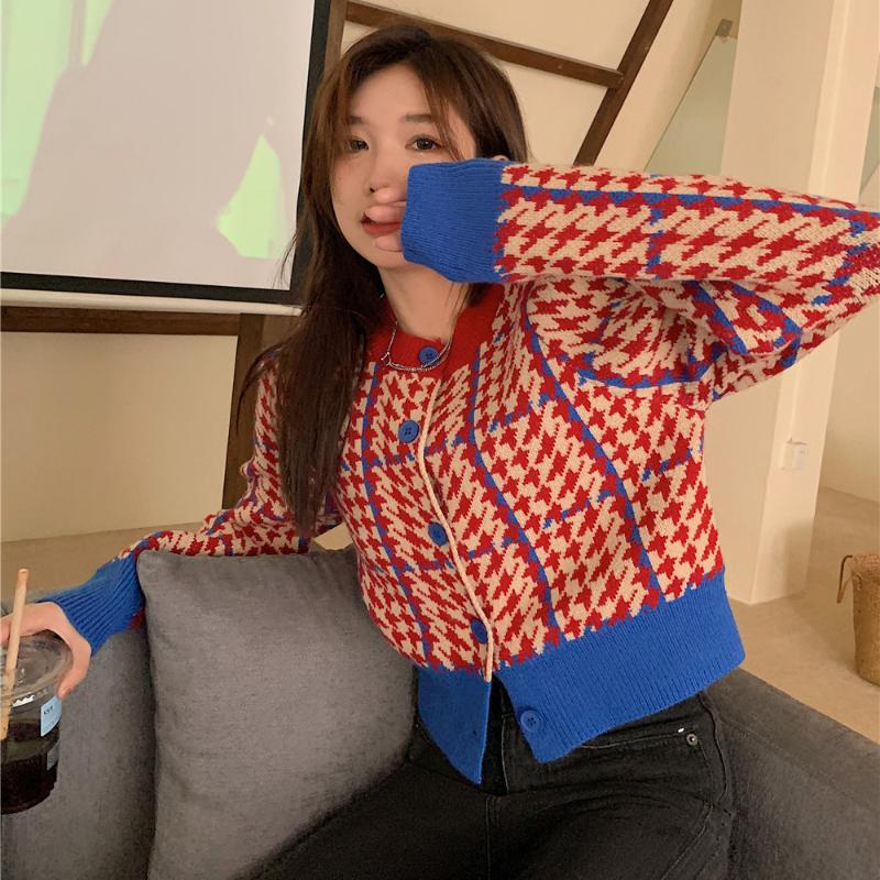 

Кардиган контрастного цвета с тысячей птиц и круглым вырезом, однобортный вязаный свитер, женственный универсальный зарубежный свитер, топ One Size красный