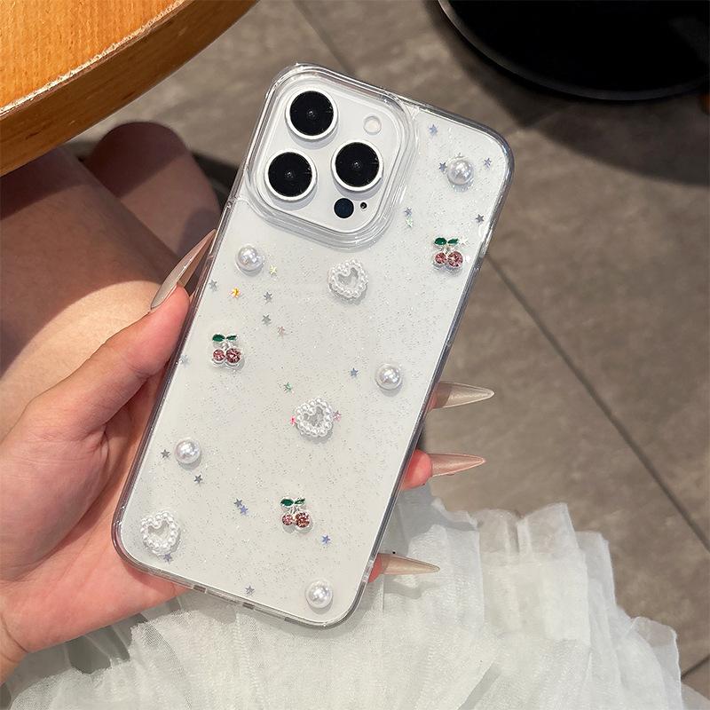 Körsbärspärla Glitter Paljett Telefonfodral för IPhone17promax Kärlek till Apple 16 Transparent 15 Kvinnlig Modell