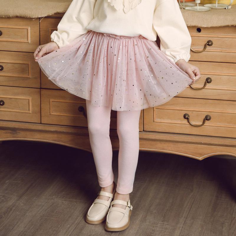 Pantaloni a Culotte in Pizzo da Principessa per Primavera e Autunno: Gonna in Tulle con Stelle di Paillettes Stile Coreano Leggings per Bambine
