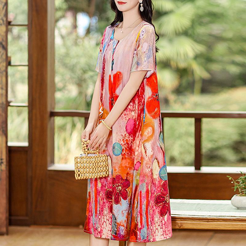 Summer Elegant Long Dresses for Women Plus Size Loose Short Sleeve Vintage Print Women's Dress