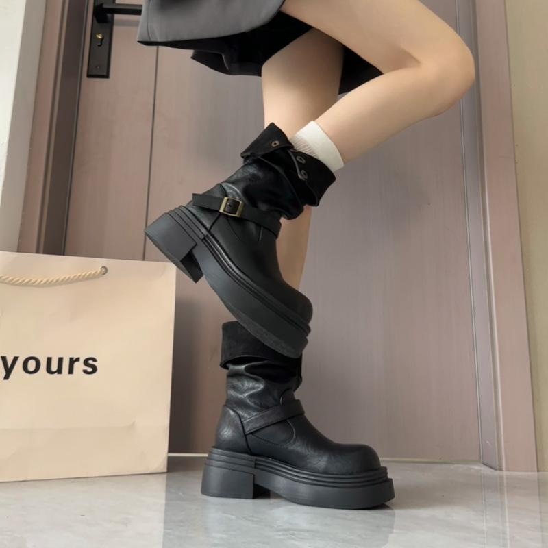 Brown retro British style thick heel platform boots women's 2025 new autumn and winter thin boots knight boots
