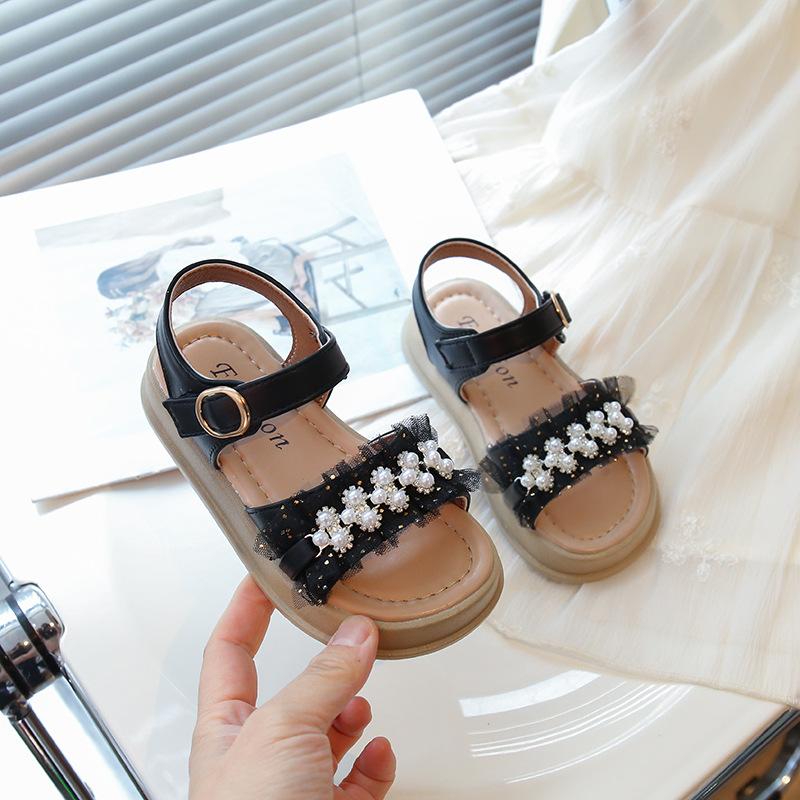 Girls Princess Shoes Summer Lace Beadings Kids Beach Shoes Oepn Toes Elegant Sweet 2025 Summer New Children Sandals Non-slip