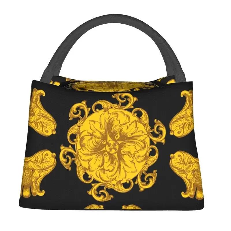 Golden Baroque Fashion Seamless Pattern Insulated Lunch Bags for Women Waterproof Cooler Thermal Bento Box Work Picnic