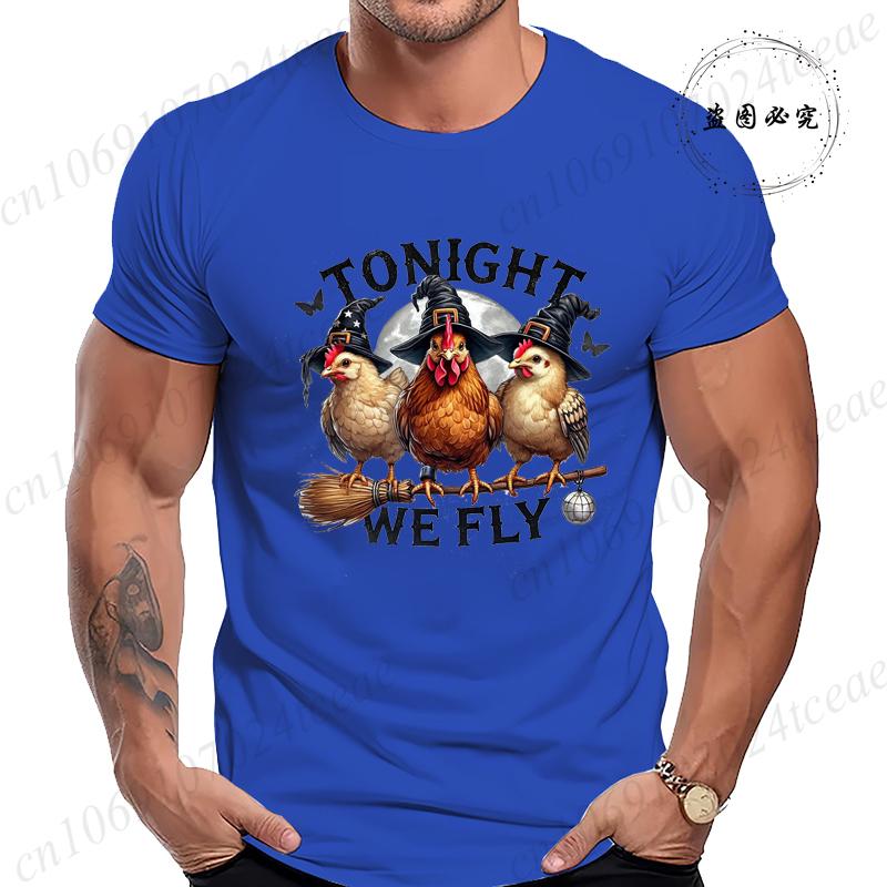 Halloween Tonight We Fly TShirt for Women Men Chicken Witches Hat Funny Casual TShirt Spooky Witch Men TShirts Clothing Tops