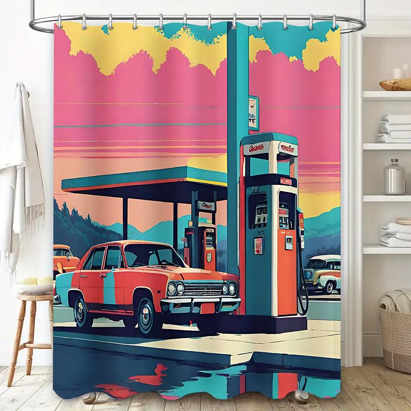 Vintage Car Gas Station Shower Curtain Artistic Illustration Home Decor For Stylish Home Upgrade Waterproof Durable Easy-Clean