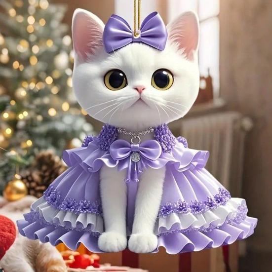 2Pcs Cute Cat Purple Pendant Car Rear View Mirror Charm Acrylic Cat Hanging Decorations for Auto Interior Window Bag