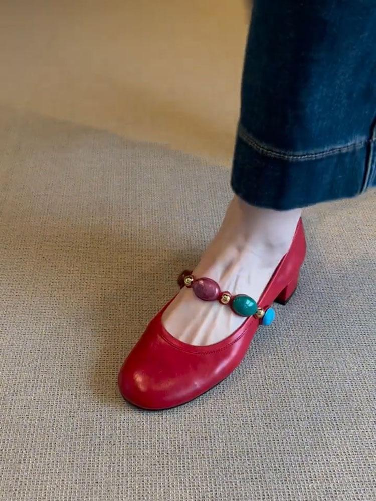 

Версия из овчины~ Украшенные драгоценными камнями туфли на высоком каблуке, туфли красного цвета с открытым верхом, универсальные ретро кожаные туфли Мэри Джейн, женские туфли 40