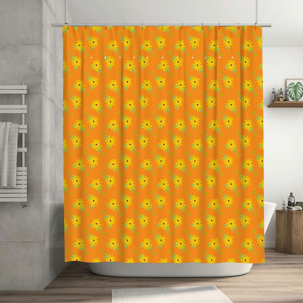 Ljusgul Blommig Duschdraperi Modern Badrumsdekoration för Heminredning Orange Blommönster Vattentålig Badrumsmatta Cover 180