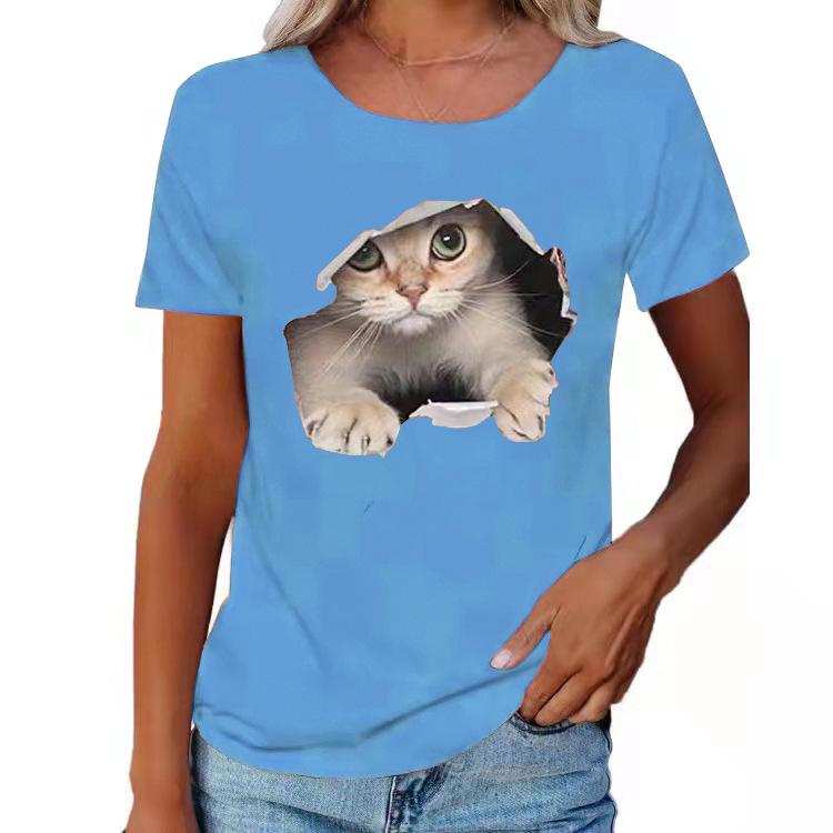 2024 Spring/Summer Women's Crew Neck Ripped Cat Graphic Loose Short Sleeve T-shirt.