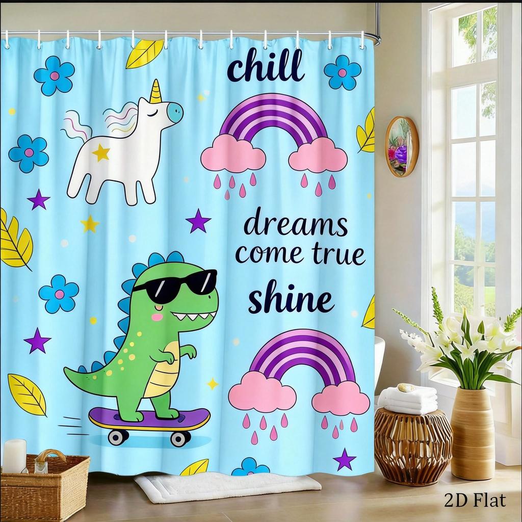 Kids Fantasy Shower Curtain 1pc Dinosaur, Unicorn & Rainbow Pattern, Playful Bath Curtain for Children's Room and Nursery Decor
