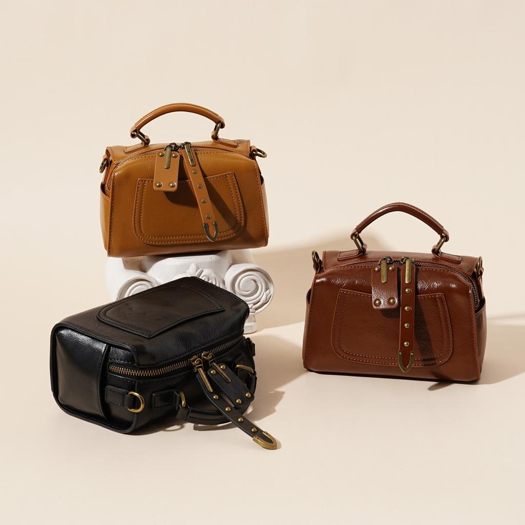 New Style Real Leather Porter Men's Wooden Handle Casual Handbag Solid Color Cowhide Single Compartment Tote Bag Women's Bag