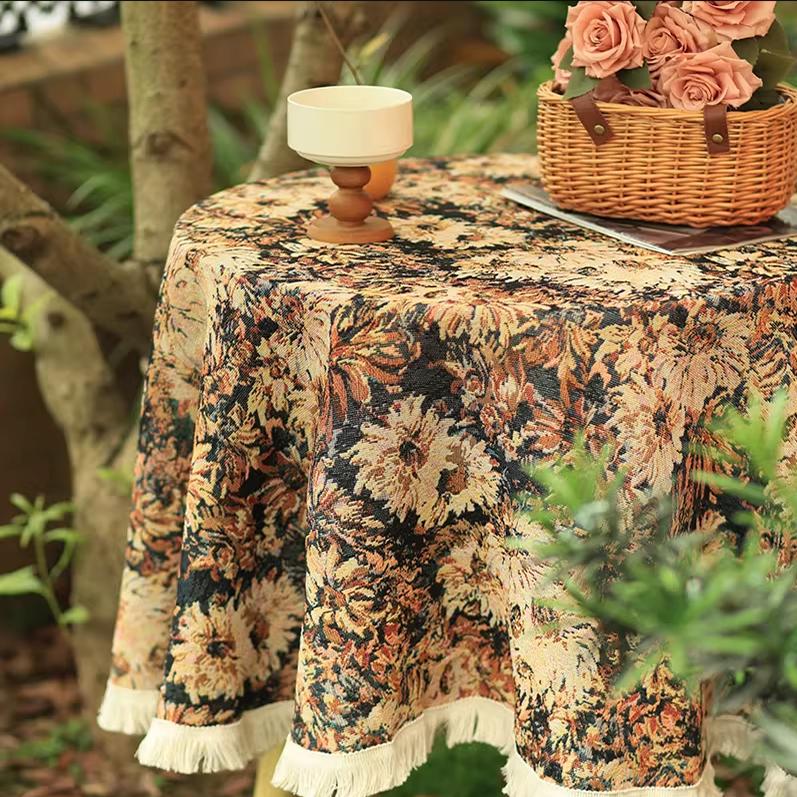 Vintage Round Tablecloth, Coffee Cotton Linen Florals Table Cloth, Anti-Wrinkle Decorative Tablecloths for Dining, Kitchen Wedding, Thanksgiving