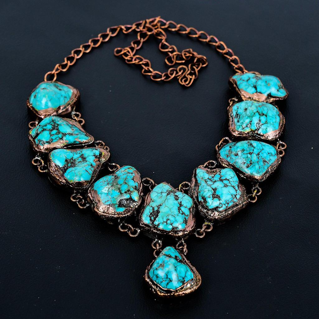 Turquoise Tumble Copper Electroformed Necklace with Adjustable Chain, Handmade Gemstone Jewelry Necklace For Memorial Day