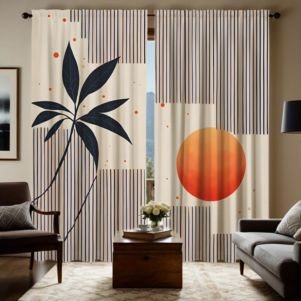 2Pc Nordic Style Striped Sunset Leaf Curtains, Polyester Fabric, Machine Washable, Suitable For Bedroom Living Room Decoration