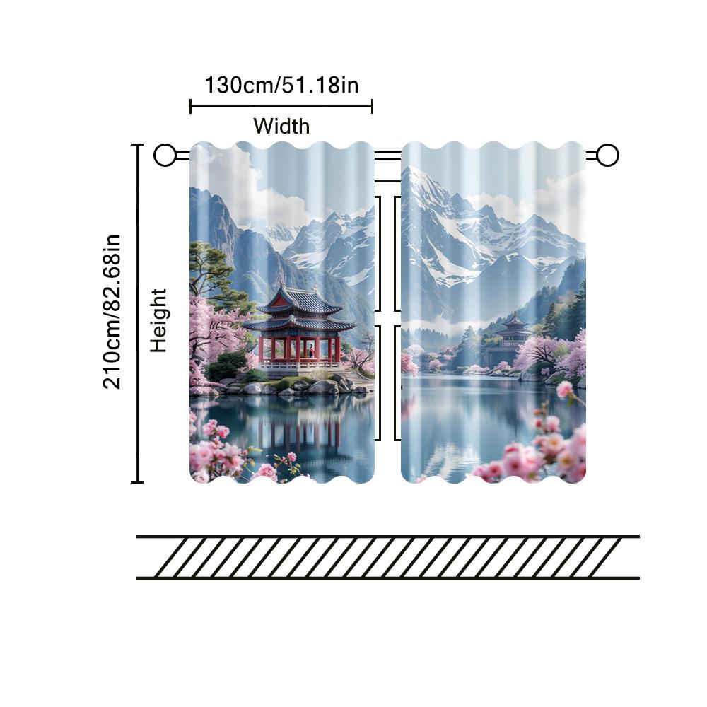 Set Of 2 Filtering Curtains Excluding Rods Non Movable Without Batteries Cherry Blossom Mountain Use Bedrooms Curtain Polyester Ideal For Master