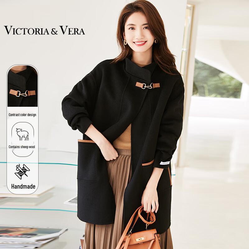 VICTORIA&VERA Women's Loose Wool Coat with Contrast Leather Buckle