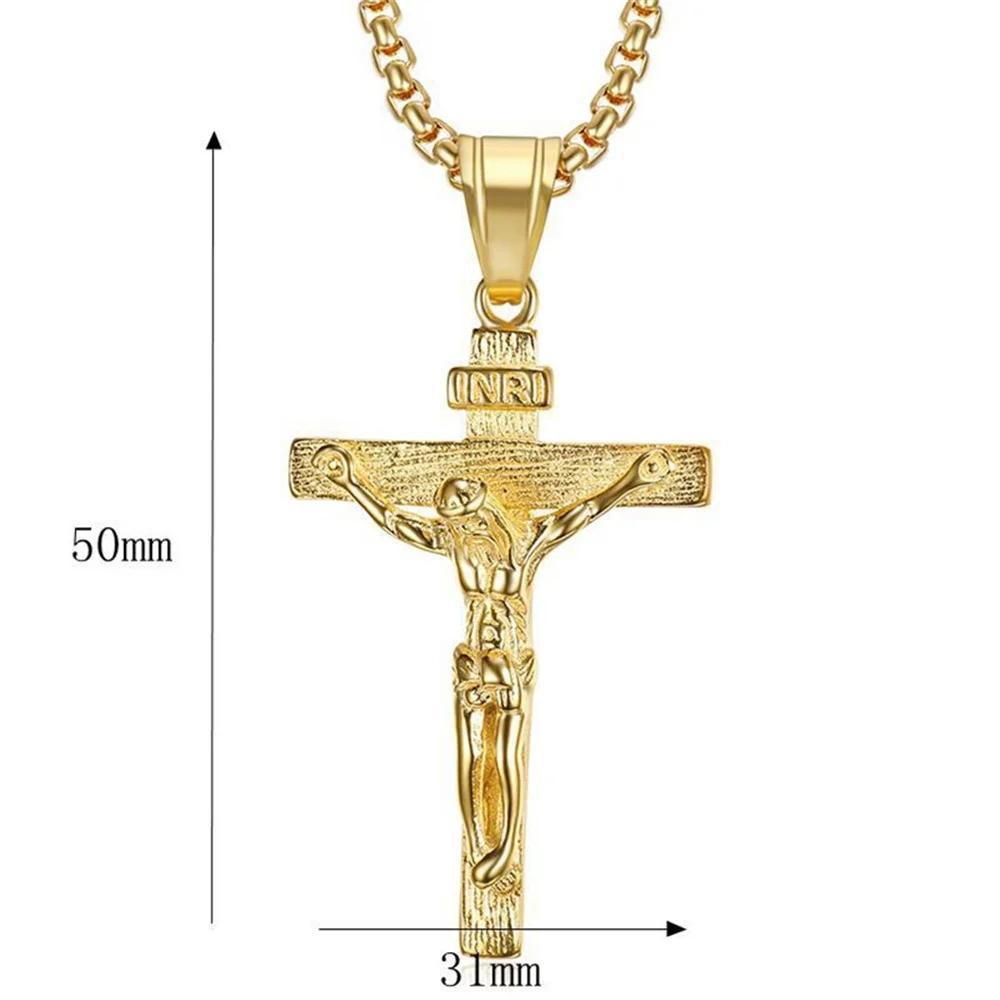 Religious Jesus Christ Cross Pendant Necklace for Women/Men Gold Color Stainless Steel Crucifix Necklaces Men Christian Jewelry